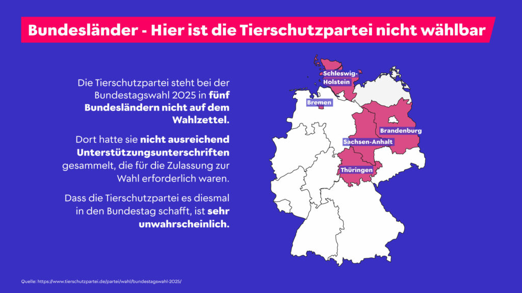 Die Grafik zeigt, in welchen Bundesländern die Tierschutzpartei bei der Bundestagswahl 2025 nicht antreten kann