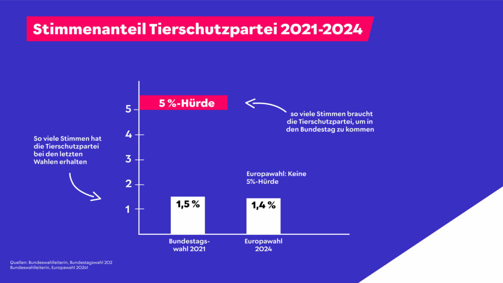 Alt-Text: Die Grafik zeigt die Wahlergebnisse der Tierschutzpartei bei der Bundestagswahl 2021 und der Europawahl 2024.